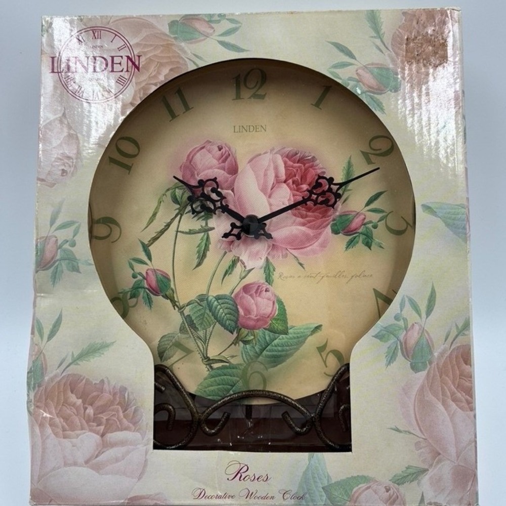 NEW Linden Roses Decorative Plate Clock Vintage Floral Quartz Table Wall Stand